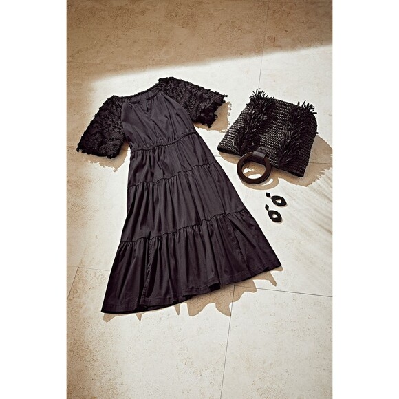 Chico's Womens Black Poplin Fringe Midi Dress Size 1 US 8 Boho Puff Sleeve - Picture 1 of 9